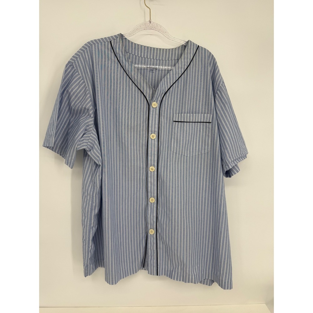 Lands End Mens Sz XXL Blue White Striped Cotton Short Sleeve Pajama Top Piping